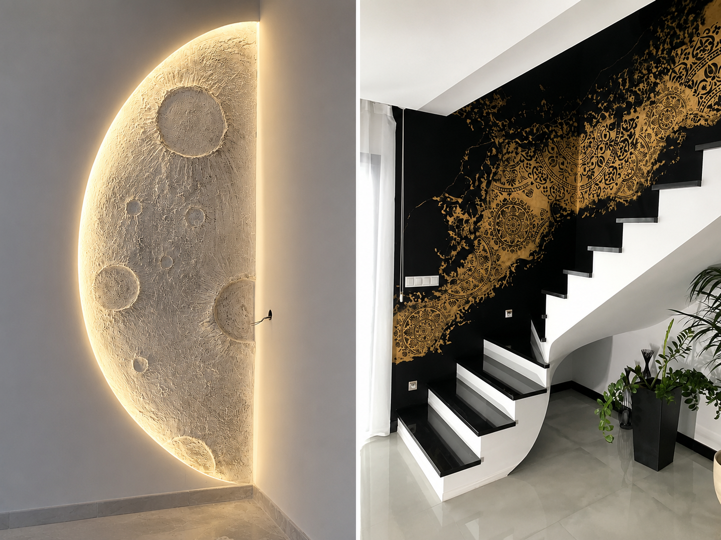 Illuminated moon feature wall and black-and-gold staircase mural